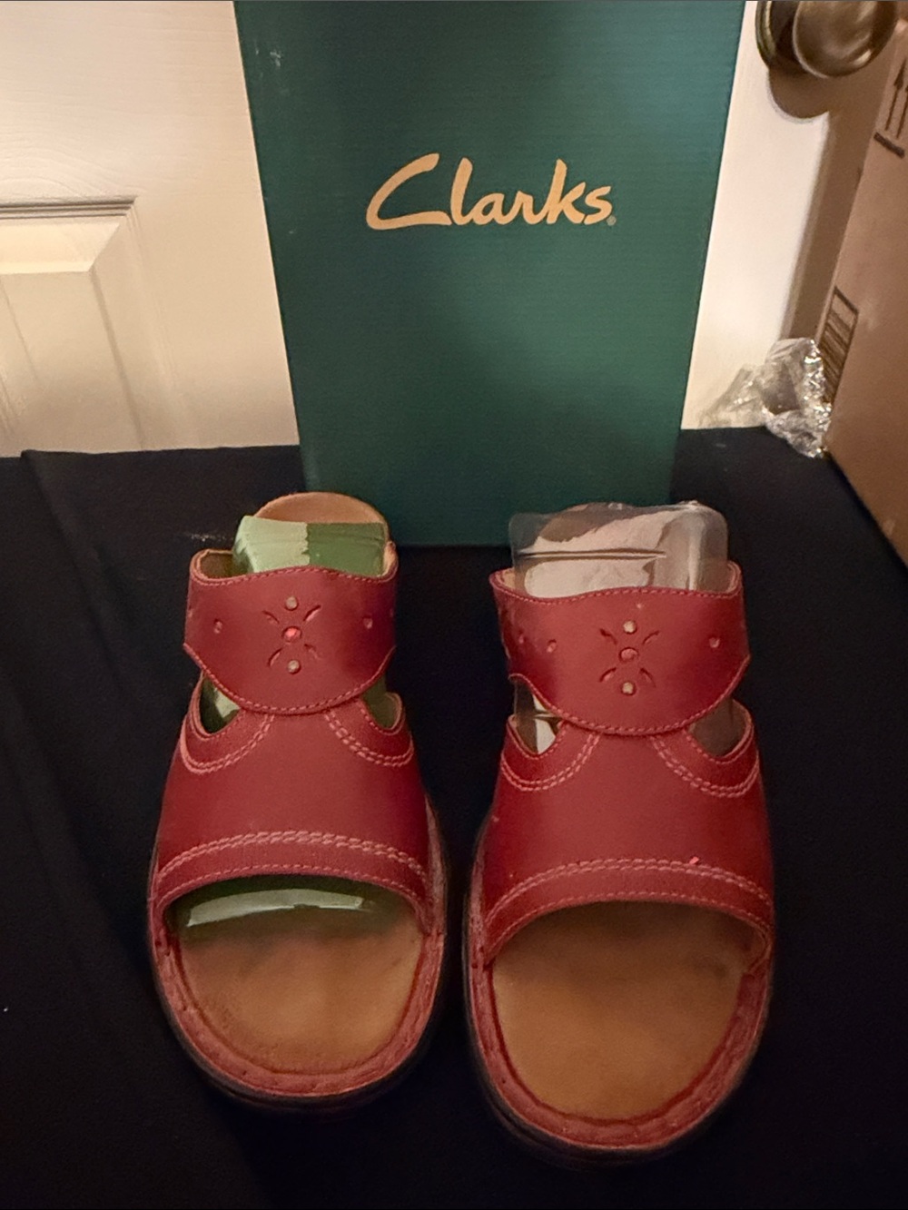 Clarks Kids Red Leather Hook-and-Loop Sandals